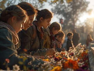 A group of people are sitting on a bench and looking at flowers - obrazy, fototapety, plakaty