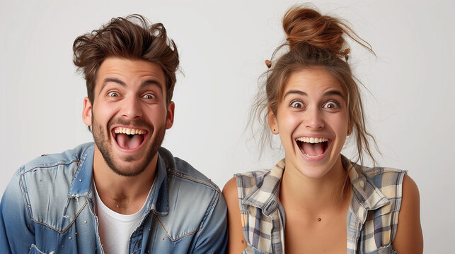 Young couple with their mouths wide open, smiling, cheerful, happiness, male