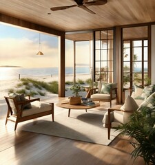 interior rendering of beach house, neutral colors with lost of vegetation and green spaces, cape cod style - obrazy, fototapety, plakaty