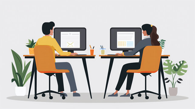 deux personnes de dos, assises devant un bureau et un ordinateur - fond gris clair - illustration style vecteur