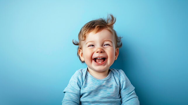 happy boy, smiling fce, light blue background.