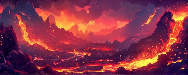 Lava flows in a volcanic region, glowing reds and oranges for an RPG challenge