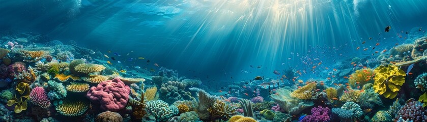 Rainbow reef, marine life highlighted by the sun's rays piercing through water - obrazy, fototapety, plakaty