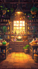 Magical potion shop interior, bubbling cauldrons and mystical ingredients for RPG crafting