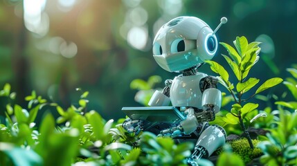 Robot 3d render in the garden, Generative Ai