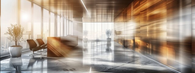A beautiful modern spacious office hall with panoramic windows and a perspective in pleasant natural beige and brown tones.