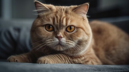 Ginger cat lying on gray sofa, looking at camera with big round orange eyes. Cat has very fluffy, soft-looking fur, cute face.