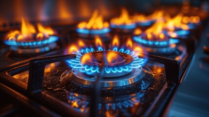 burning gas burners closeup