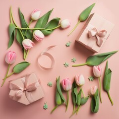 Pink tulips, gifts on pink background. Tulips of light pink color, have long green stems. Gifts wrapped in pink paper, have pink ribbons. Also some small green leaves scattered around.