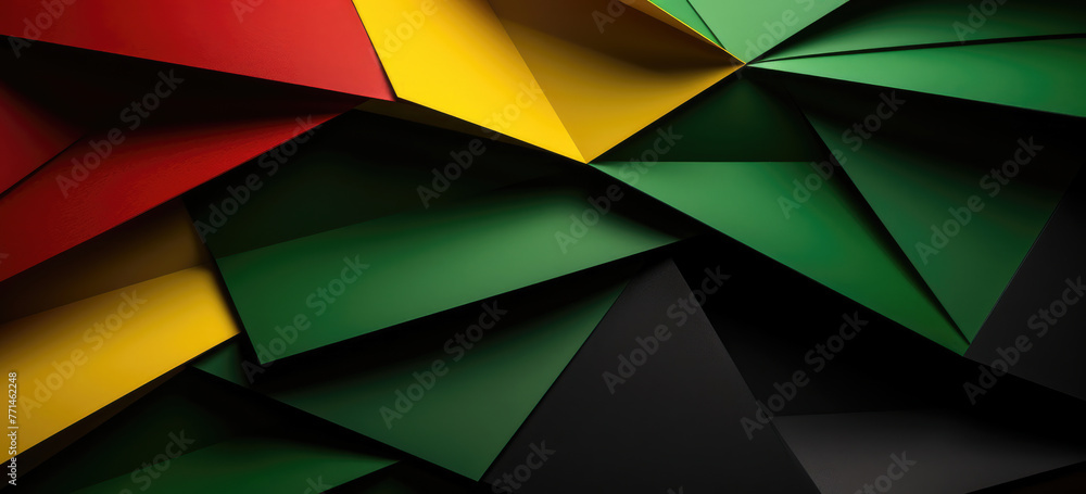 Poster complex paper folds in rastafarian colors with interplaying shadows on a dark surface.