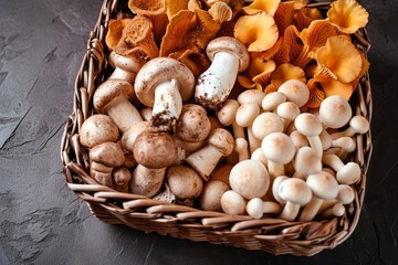 Variety of uncooked wild forest mushrooms in a wicker basket on a black background, flat lay. Mushrooms chanterelles, honey agarics, oyster mushrooms, Generative AI 