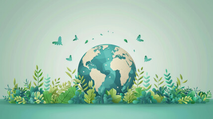 Digital art depicting the Earth with a variety of plants and butterflies, representing biodiversity and ecosystems.