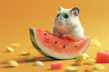 A hamster assesses its financial investments while seated on a slice of watermelon , 3D style - obrazy, fototapety, plakaty