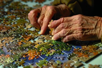 Senior Hands Assembling Puzzle, Focus on Detail and Dexterity. Mental health.