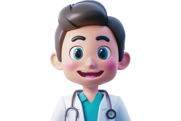 Fototapeta premium Cute cartoon happy smiling doctor isolated on white background, clipart. Png with transparent background, cutout. Gradient 3d doctor with smile.