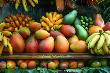 a tropical fruit stand overflowing with ripe mangos, pineapples, and bananas