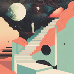 A man stand on stair with moon and stars background.Mental health concept.Surreal concept.  - obrazy, fototapety, plakaty