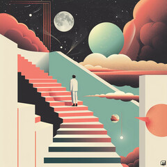 A man stand on stair with moon and stars background.Mental health concept.Surreal concept.  - obrazy, fototapety, plakaty