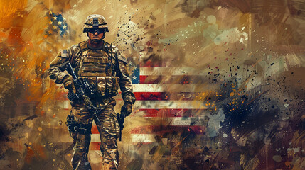 American soldier in combat uniform, embodying national defense and armed forces strength, with a patriotic background.