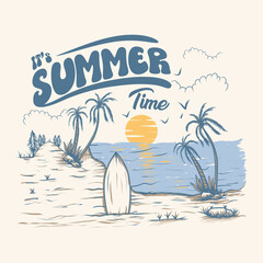 Its Summer Time Hand Drawing Beach , Hand Drawing Beach With Surf Board Vintage Illustration Vector T Shirt Image
