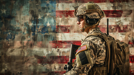 American warrior in tactical gear, highlighting the bravery and strength of the US Armed Forces in a patriotic setting. - obrazy, fototapety, plakaty