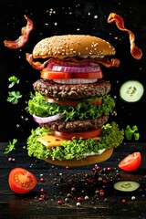 Floating burger isolated on black wooden background. Ingredients of a delicious burger with ground beef patty, lettuce, bacon, onions, tomatoes and, Generative AI 
