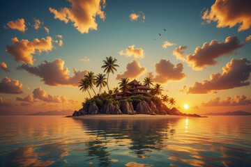 A beautiful island with palm trees and a house in the distance. The sky is cloudy and the sun is setting - obrazy, fototapety, plakaty