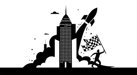 silhouette of a person in the city holding checkered flag ,rocket launching with smoke on building - obrazy, fototapety, plakaty