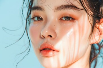 Female Asian beauty care models face front close up. with soft clean perfect skin looking at camera, Generative Ai