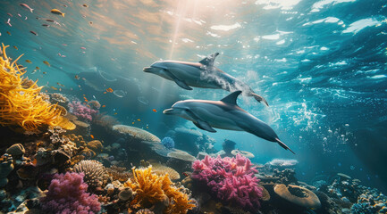 A pair of dolphins swimming in the ocean. Underwater photography with closeup shots.