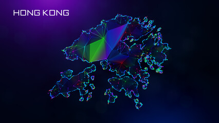Futuristic Hong Kong Map Polygonal Blue Purple Colorful Connected Lines And Dots Network Wireframe With Text On Hazy Flare Bokeh Background
