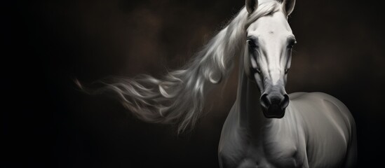 A black and white image capturing the beauty of a white mare with a long mane. The horse stands out against the darkness, showcasing its graceful snout and elegant presence as a working animal