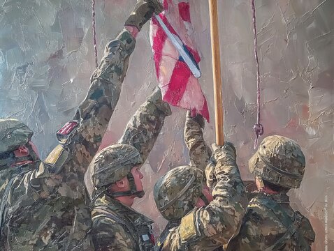 A painting of soldiers raising a flag. The soldiers are wearing camouflage uniforms and are holding a flag. The painting conveys a sense of unity and pride among the soldiers