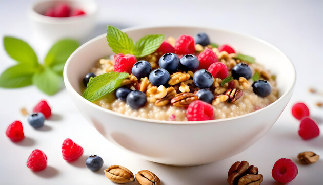 A bowl of porridge with fresh blueberries, raspberries, walnuts, and mint leaves on a white background