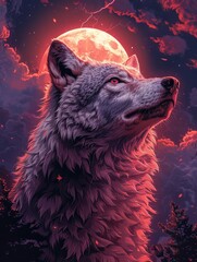 a howling wolf with lightning in the sky behind him. Synthwave theme