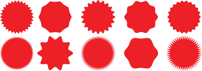 Starburst red sticker set - collection of special offer sale round and oval sunburst labels and buttons isolated on white background. Promotional sticky notes and labels.