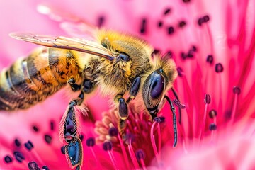 Macro close up of a bee meticulously pollinating a bright pink flower showcasing the intricate textures and natural beauty of the interaction, Generative Ai