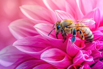 Macro close up of a bee meticulously pollinating a bright pink flower showcasing the intricate textures and natural beauty of the interaction, Generative Ai