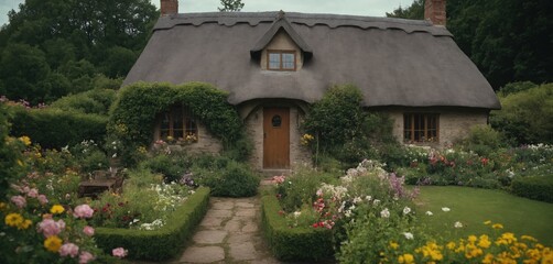 Fototapeta na wymiar Quaint Cottage Nestled in a Flower Garden