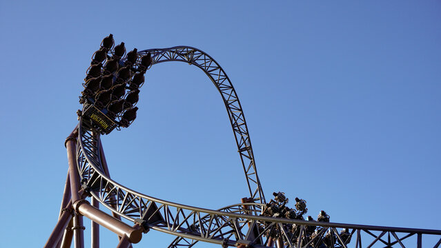 Rust, Germany-March 28.2024: Train of "Voltron Nevera", the world's first roller coaster of its kind at "Europa-Park" in the new  "Croatia" theme area, without people. The new roller coaster 2024