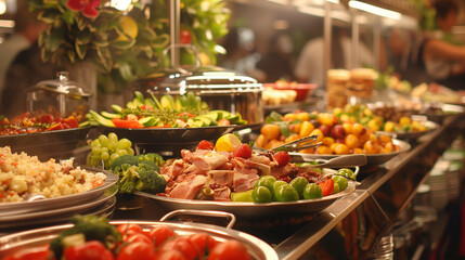 A vibrant and colorful indoor buffet is depicted, featuring an array of delicious dishes including fresh fruits, vegetables, meat products, rice, pasta, sushi rolls, and more. The focus is on the food