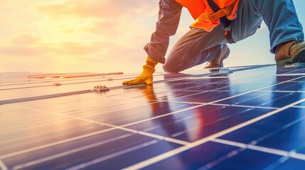 Technician installing solar panels on a roof, setting up photovoltaic solar panel system, Generative Ai