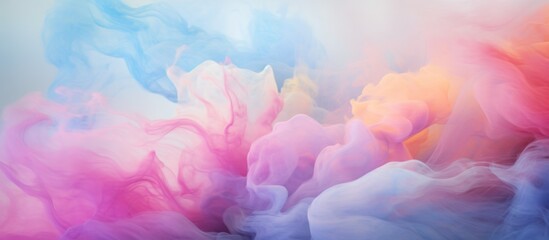 A closeup image of a cumulus cloud of colorful smoke in shades of pink, violet, magenta, and electric blue floating on a white background, capturing a mesmerizing meteorological phenomenon event