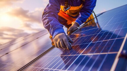 Technician installing solar panels on a roof, setting up photovoltaic solar panel system, Generative Ai