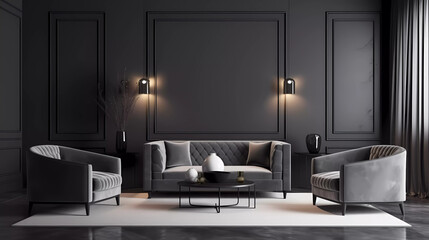 Modern interior design style living room ,office with black tone sofa ,dark wall paper.Interior design.