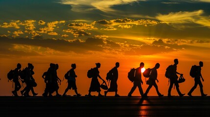 Fototapeta premium Backpackers Walking at Sunrise Silhouette
