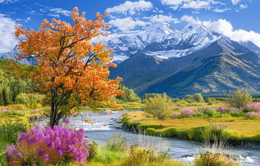A picturesque autumn scene with colorful trees, grassy meadows, and flowing rivers in the background of mountains.