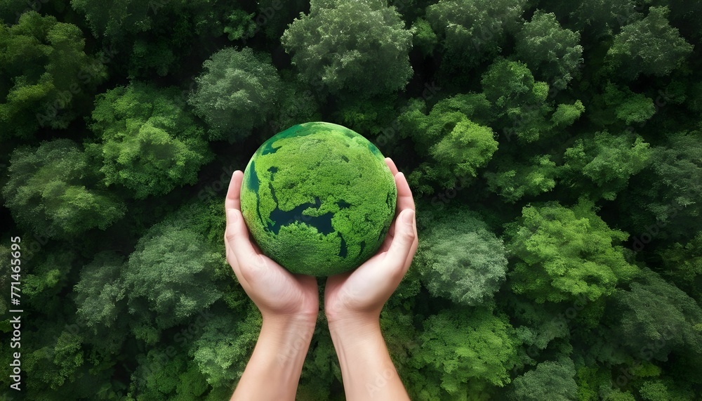 Wall mural green forest with earth, green planet in your hands, save earth, texture of forest view from above e