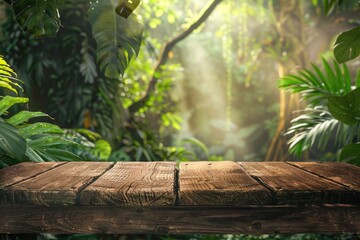 Empty wooden table in a lush forest background , light brown rim light environmental, Generative Ai