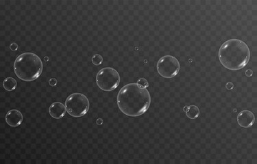 Vector soap bubbles png. Flying soap bubbles. Soap bubbles with various reflections. Detergent, soap, shampoo, foam. - obrazy, fototapety, plakaty